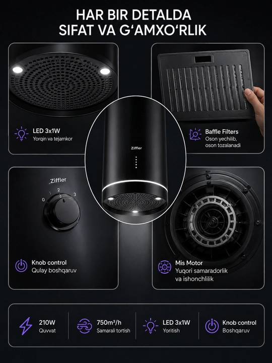 ZIFFLER oshxona dudburoni, kuchli tortish, sensorli boshqaruv, metall filtr, LED