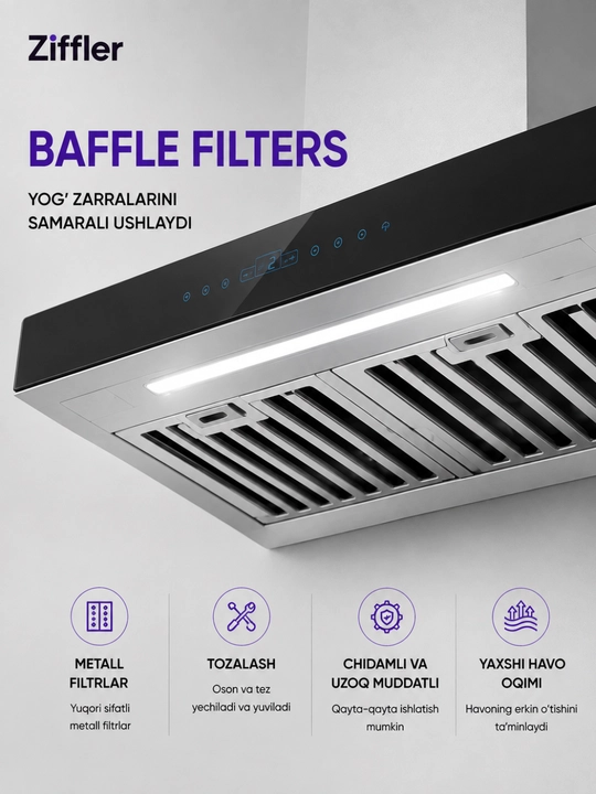 ZIFFLER oshxona dudburoni, kuchli tortish, sensorli boshqaruv, metall filtr, LED
