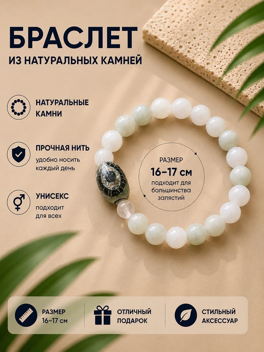 Браслет из натуральных камней с бусиной Дзи, на эластичной нити - 