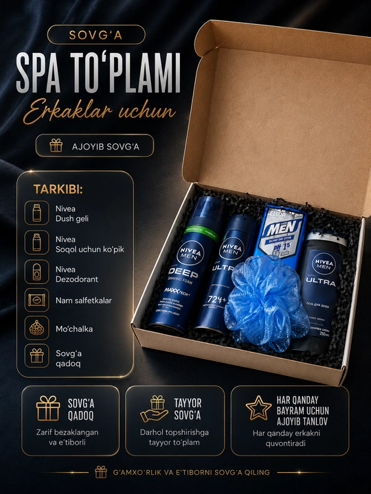 Erkaklar uchun sovg‘a, NIVEA sovg‘a to‘plami, kosmetikali sovg‘a boksi