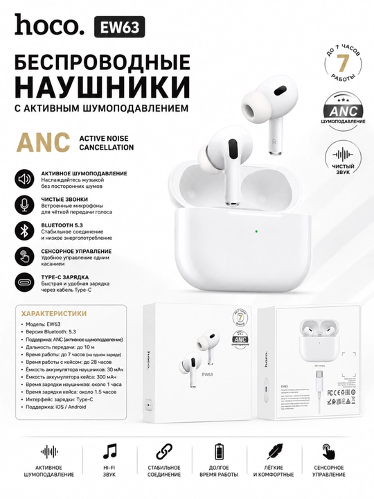  HOCO EW63 ANC — Беспроводные TWS-наушники - 