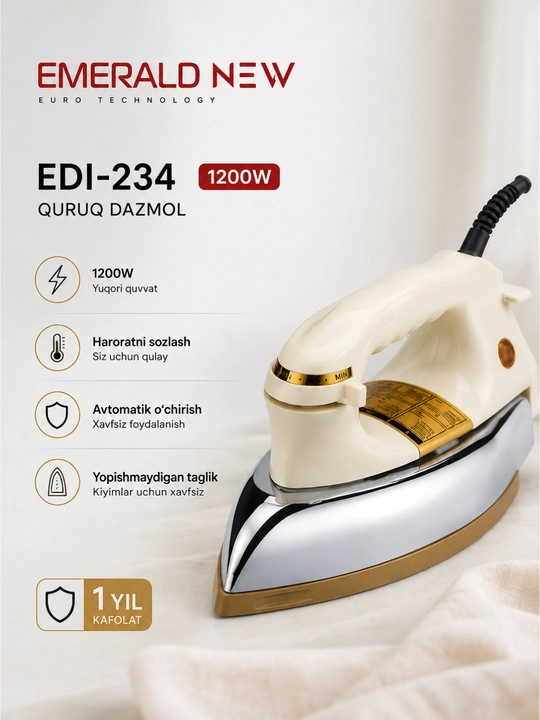 Dazmol, elektr dazmol EMERALD NEW, 1200 Vt, haroratni sozlash, mustahkam korpus