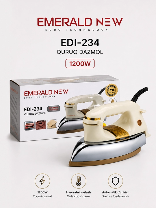 Dazmol, elektr dazmol EMERALD NEW, 1200 Vt, haroratni sozlash, mustahkam korpus - 