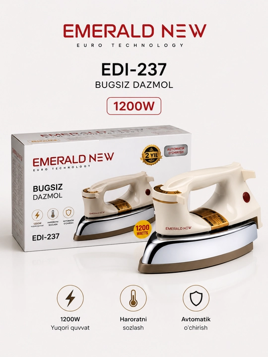 Dazmol, elektr dazmol EMERALD NEW, 1200 Vt, haroratni sozlash, mustahkam korpus - 