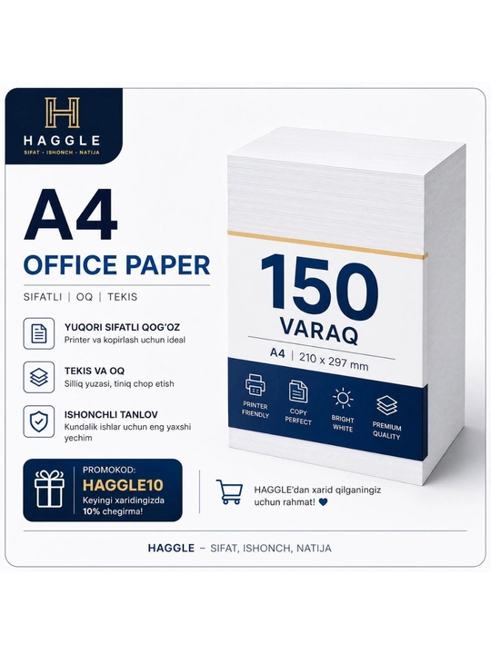 A4 oq qog‘oz - uy, ofis va o‘qish uchun universal qog‘oz