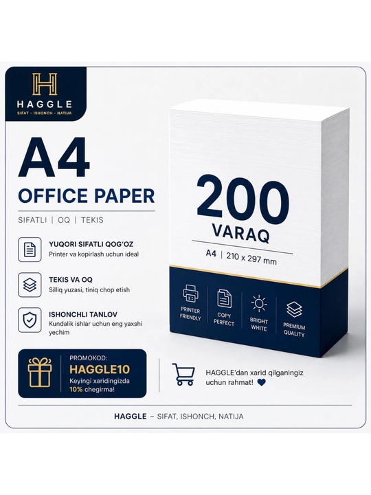 A4 oq qog‘oz - uy, ofis va o‘qish uchun universal qog‘oz