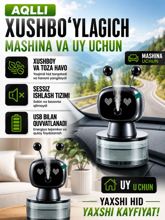 Aqlli aromadiffuzor xushbo‘ylagich, mashina va uy uchun, qora