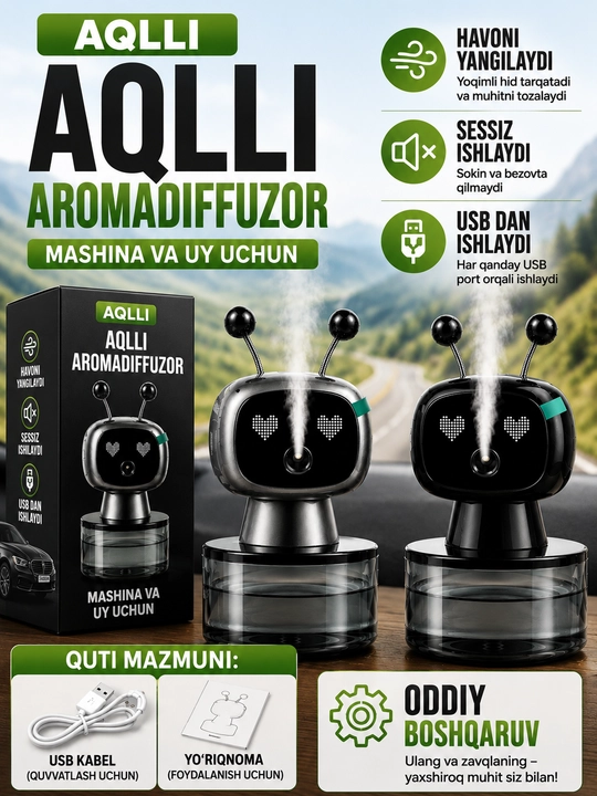 Aqlli aromadiffuzor xushbo‘ylagich, mashina va uy uchun, qora