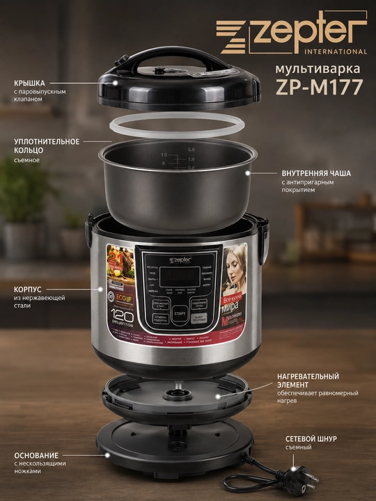 Zepter ZP-M177 multivarka - hajmi 6 litr, quvvati 900 Vt va 21 ta dastur