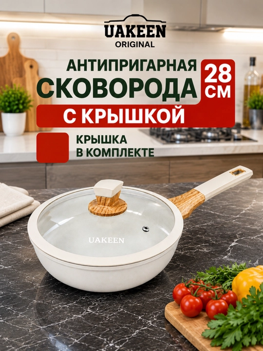 Сковорода антипригарная UAKEEN, с крышкой, гранитное покрытие  20. 24. 26. 28 cm - 