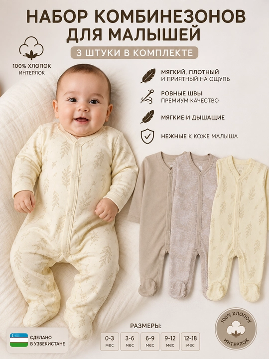 Комбинезон слип для новорожденных, для младенцев, в комплекте 3 шт, хлопковый - 