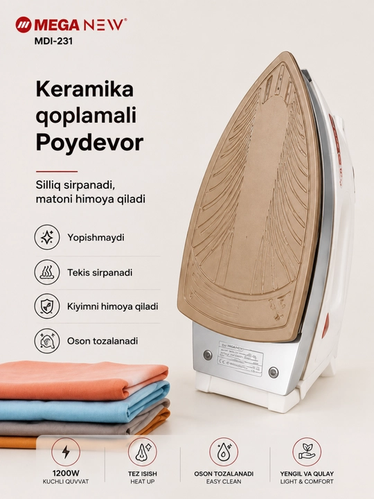 MEGA NEW quruq elektr dazmol, 1200 Vt, bug‘siz, haroratni sozlash imkoniyati bilan