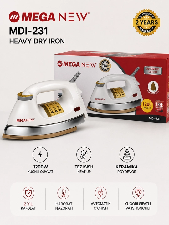 MEGA NEW quruq elektr dazmol, 1200 Vt, bug‘siz, haroratni sozlash imkoniyati bilan - 