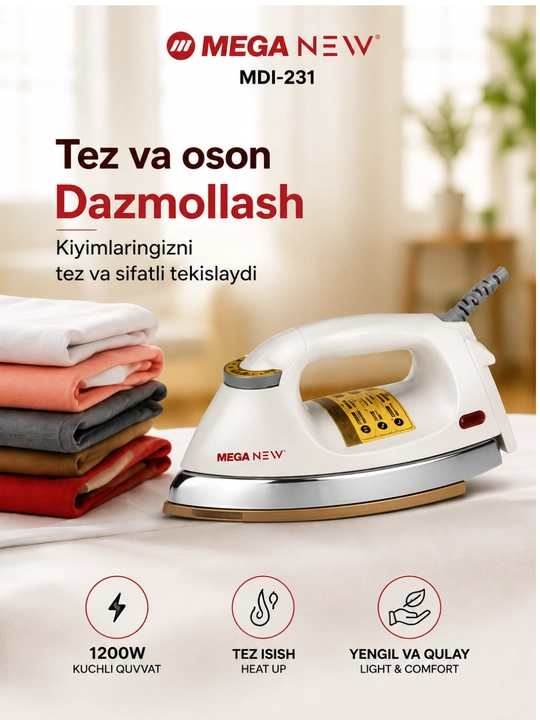 MEGA NEW quruq elektr dazmol, 1200 Vt, bug‘siz, haroratni sozlash imkoniyati bilan
