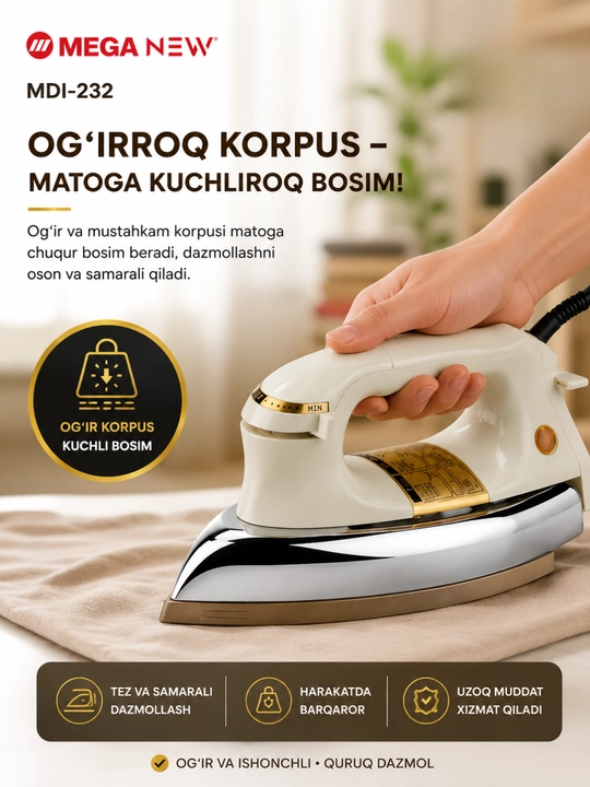 MEGA NEW quruq elektr dazmol, 1200 Vt, bug‘siz, haroratni sozlash imkoniyati bilan