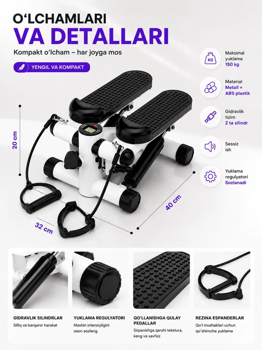 Mini stepper trenajor espanderli, oyoq va tana mashqlari uchun uy fitness trenajori