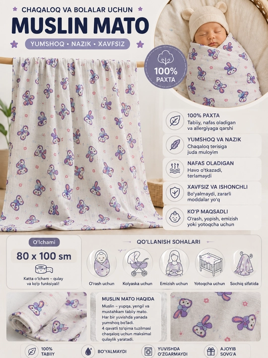 Муслиновая пелёнка для детей 80x100 см 100% хлопок, мягкая и впитывающая