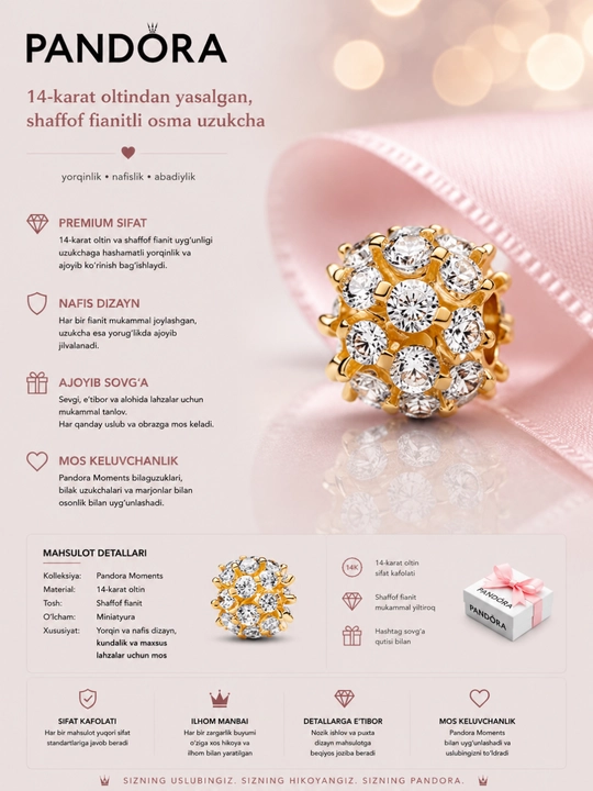 14 karat oltindan tayyorlangan, shaffof fianit toshi bilan bezatilgan kulon - 