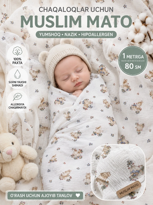 Муслиновая пелёнка для детей 80x100 см 100% хлопок, мягкая и впитывающая