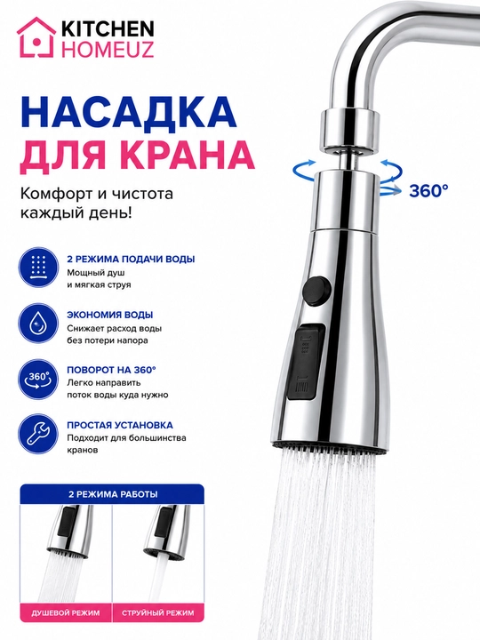 360° o‘lchamli aralashtirgich uchun ikkita suv uzatish rejimiga ega universal nasadka