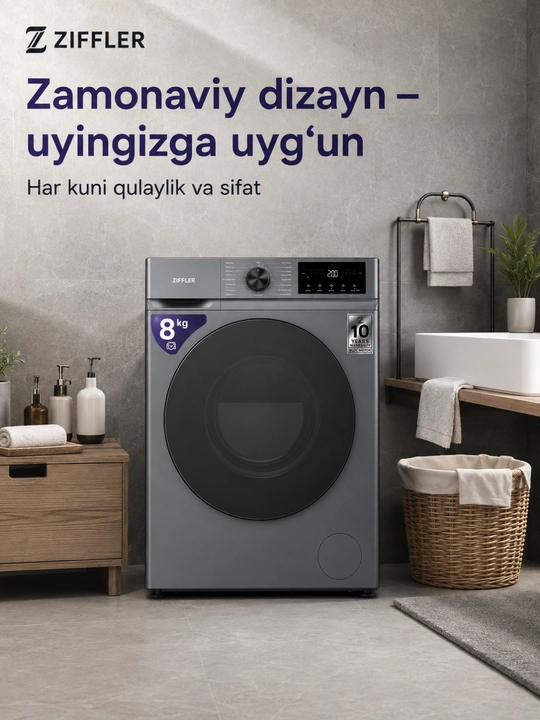 Стиральная машина ZIFFLER T80-A2DG, 8 кг, BLDC Inverter, 1200 об/мин, Steam Wash