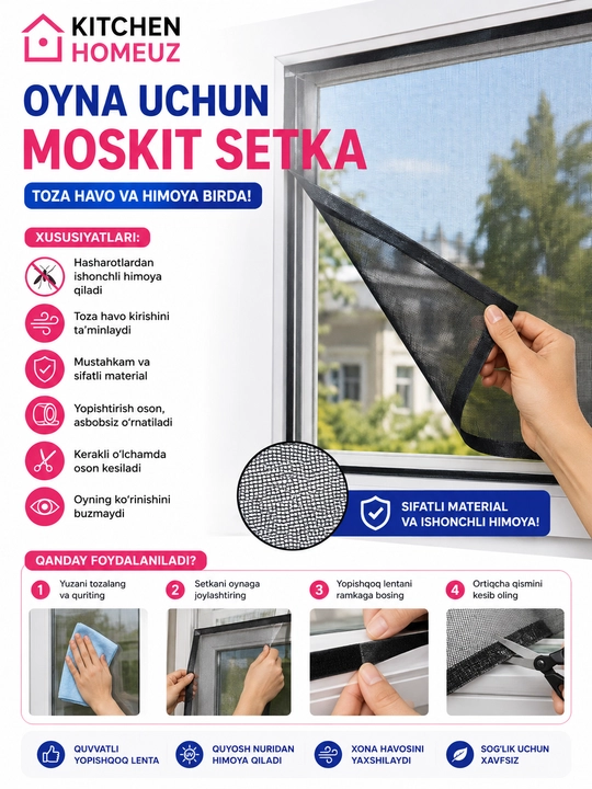 Oyna uchun chivin va hasharotlarga qarshi setka (1.5 × 2 m)