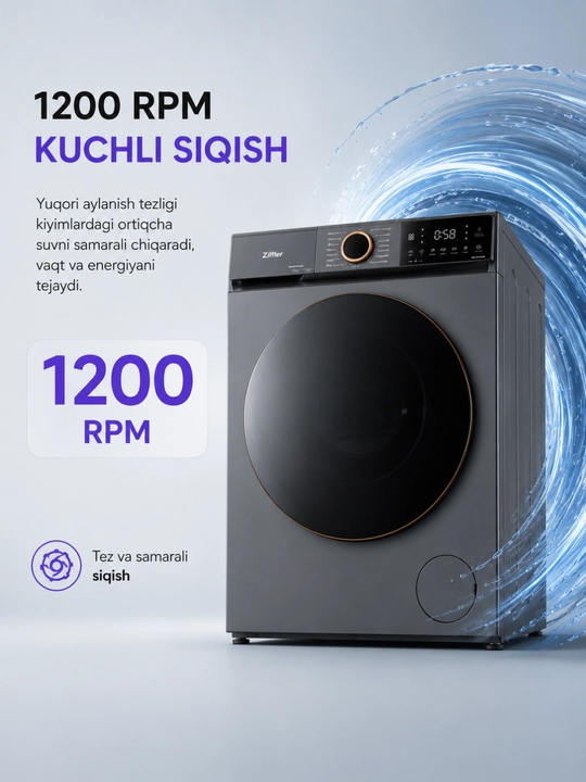 Ziffler BWMC-8J2GL kir yuvish mashinasi, 8 kg, BLDC Inverter, Steam Wash, 1200 ayl/min