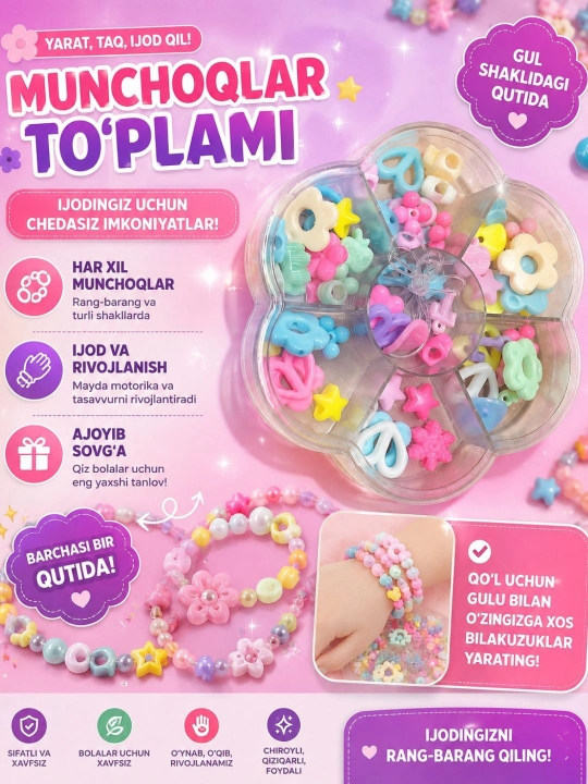 Qizlar ijodi uchun biser, munchoqlar, bilaguzuklar,breloklar to'qish uchun to'plam,255don - 