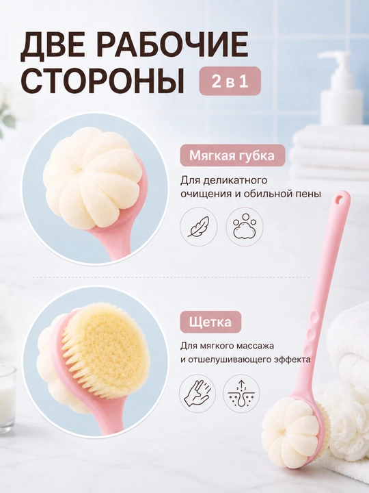 Щетка-мочалка для душа с длинной ручкой 2 в 1 — для спины, тела и ухода за кожей