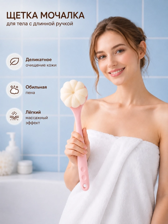 Щетка-мочалка для душа с длинной ручкой 2 в 1 — для спины, тела и ухода за кожей