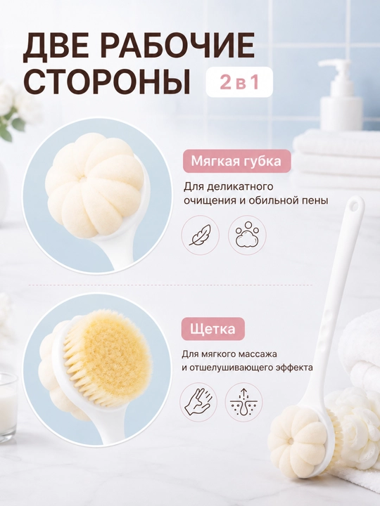 Dush uchun 2 tasi 1 da cho‘tka va mochalka — uzun dastali, bel va tana uchun