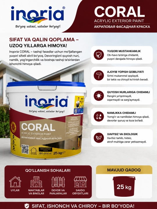 Inoria CORAL – Akril fasad bo‘yoq (tashqi ishlar uchun) 25kg