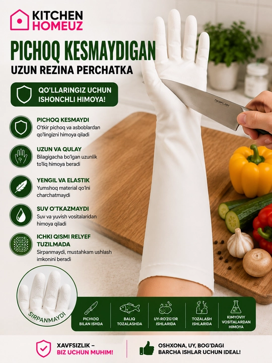 Pichoq kesmaydigan uzun rezina qo’lqop