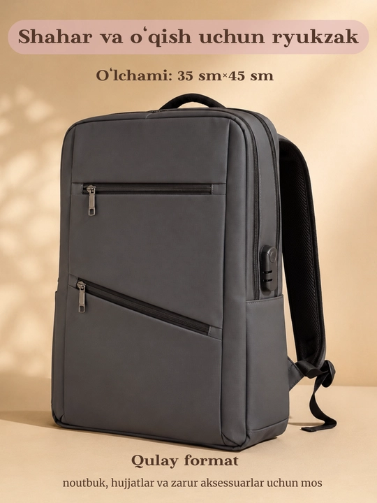 Shahar va o‘qish uchun ryukzak, 35×45 sm, USB portli va kodli qulfli - 