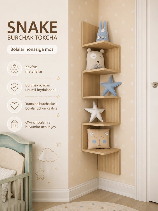 SNAKE burchak devor tokchasi FARFARMEBEL 139×25×25 sm | Kitob va gullar uchun