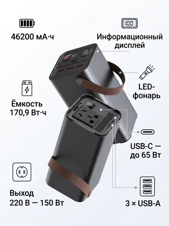Yoobao EN1 46200 мА·ч портативный источник питания, 220 В, 150 Вт, USB-C 65 Вт