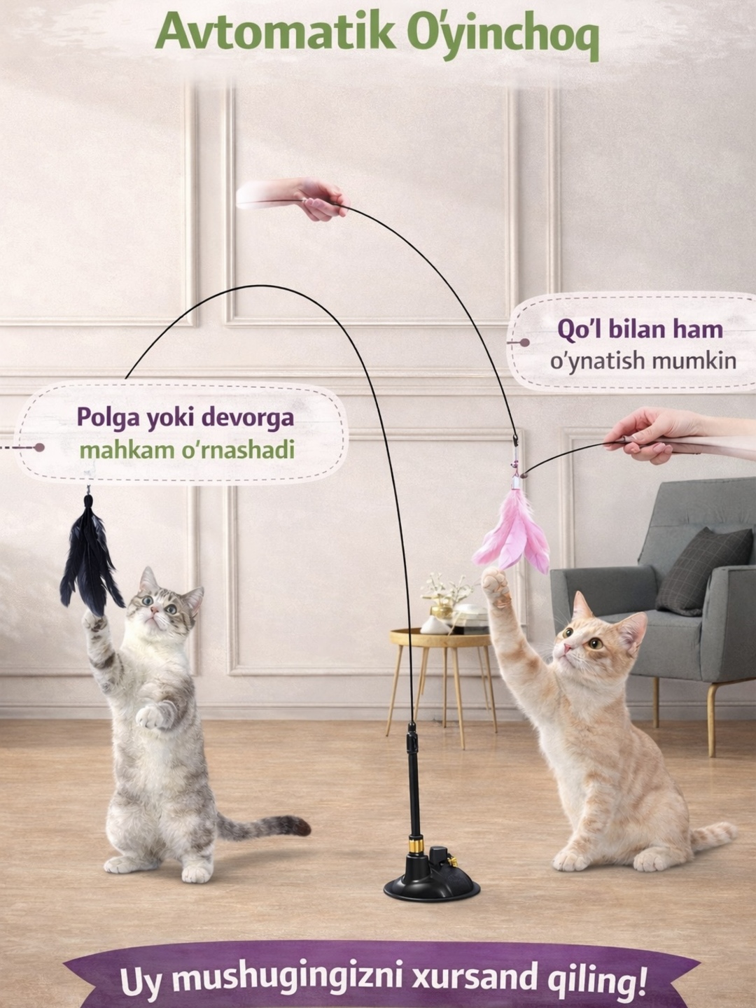 Mushuklar uchun qarmoq-masxara, interaktiv O'YINCHOQ - 