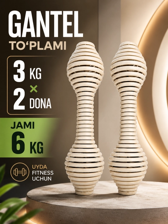 Gantellar to‘plami 3 kg × 2 dona, uy fitnessi va kuch mashqlari uchun, jami 6 kg - 