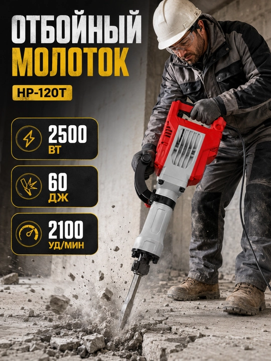 Отбойный молоток LINOON HP-120T, 2500 Вт, 60 Дж, 2100 уд/мин, кейс - 