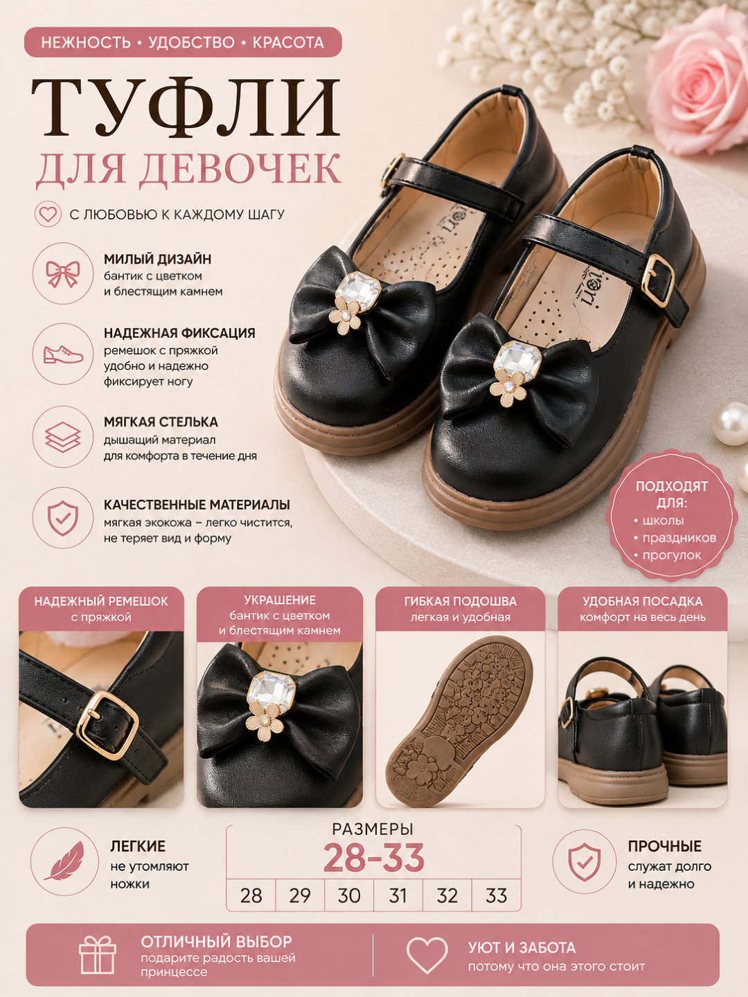 Туфли для девочек, школьные туфли для девочек - 