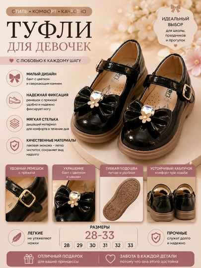 Туфли для девочек, школьные туфли для девочек - 