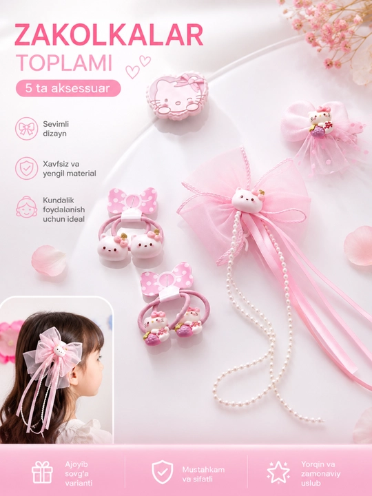 Hello Kitty soch aksesuari komplekti – bantik, rezinka va zakolka, qizlar uchun - 