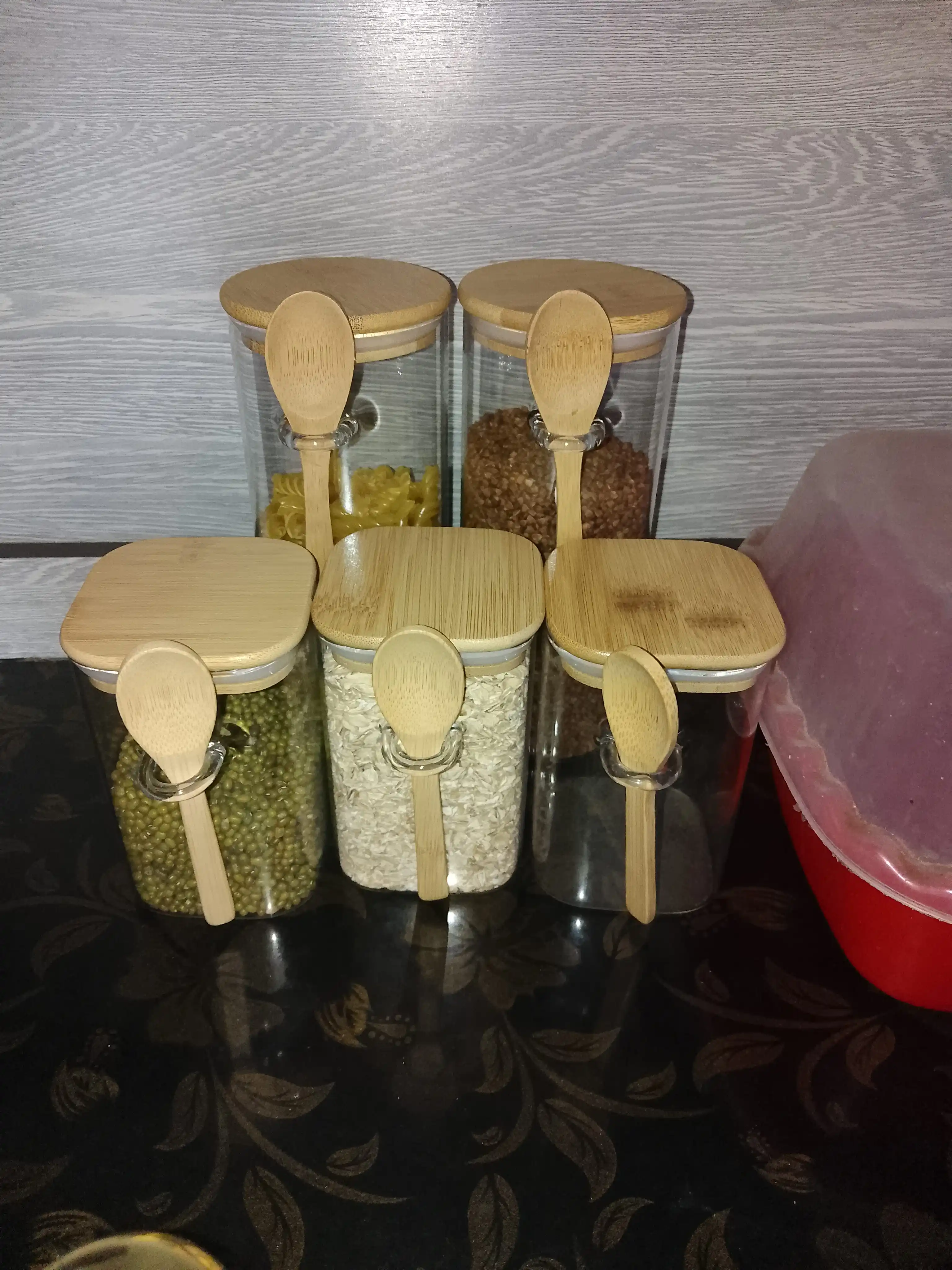 Shisha idish, quruq mahsulotlar uchun, germetik, 600–1200 ml, qoshiq bilan to‘plamda