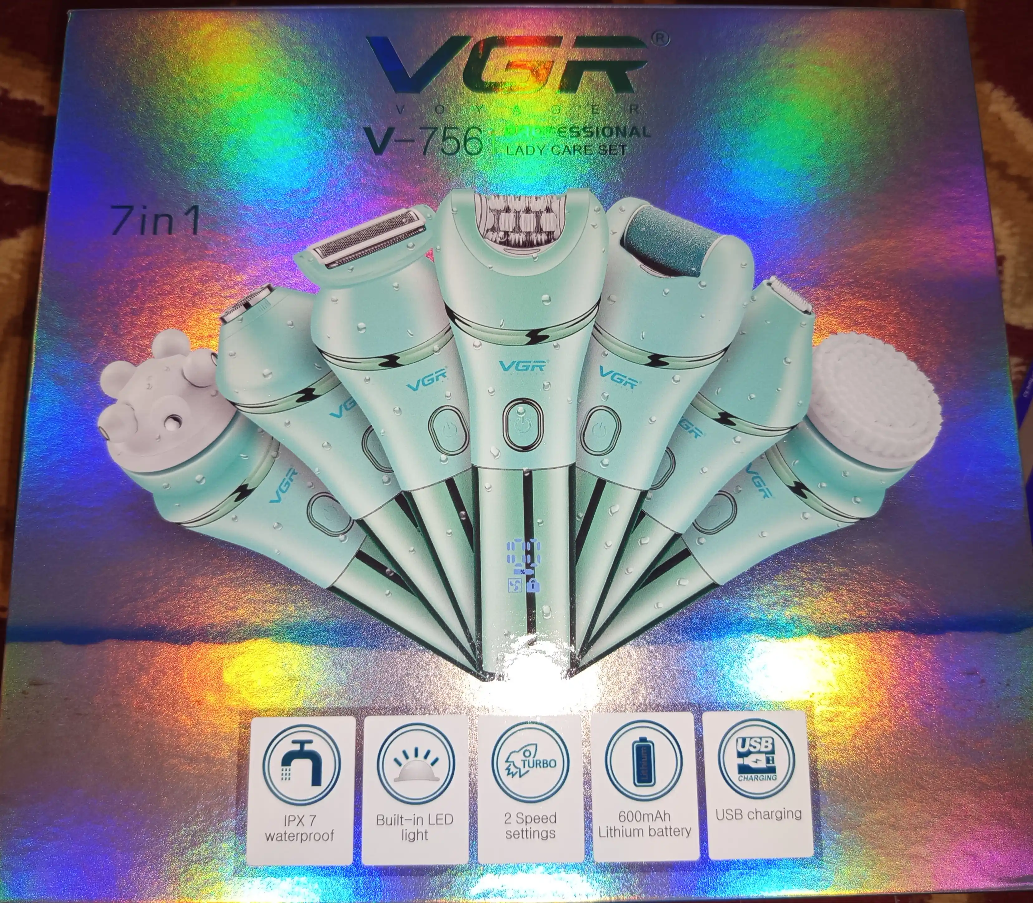 Professional epilyator modeli VGR V-756 simsiz, 7 si 1xil nasadka ayollar tanasi uchun