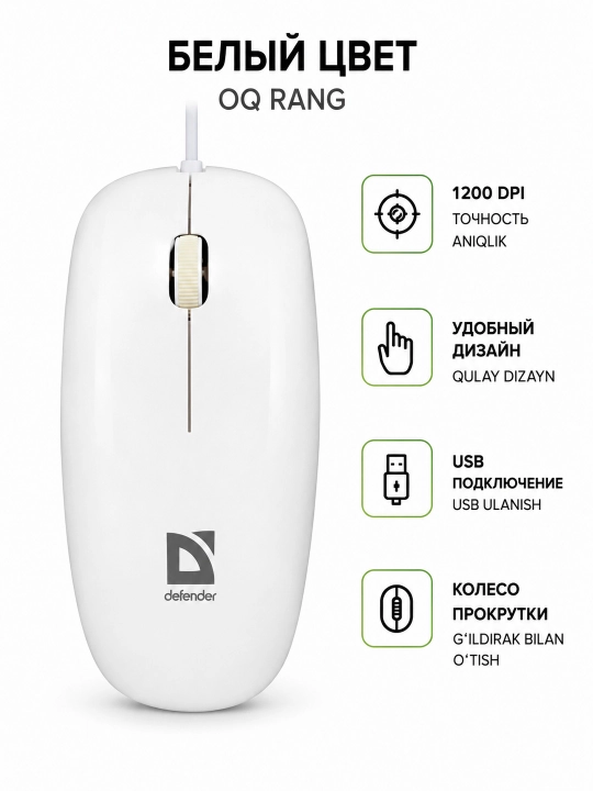 Defender Netsprint USB 1200DPI simli kompyuter sichqonchasi ultra yassi qora/oq - 
