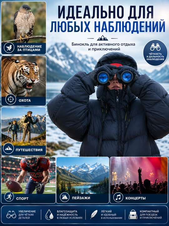 Professional kuchli turistik binokl 8x42, suvga chidamli, sayohat va tabiat kuzatuvi uchun