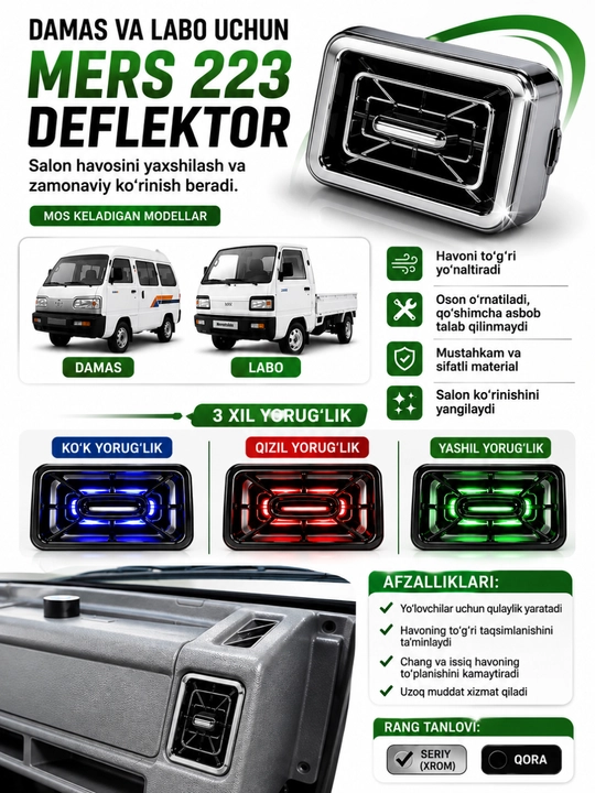 Damas Labo uchun MERS 223 deflektori, 3 xil rangli LED yoritgich, qora va xrom - 