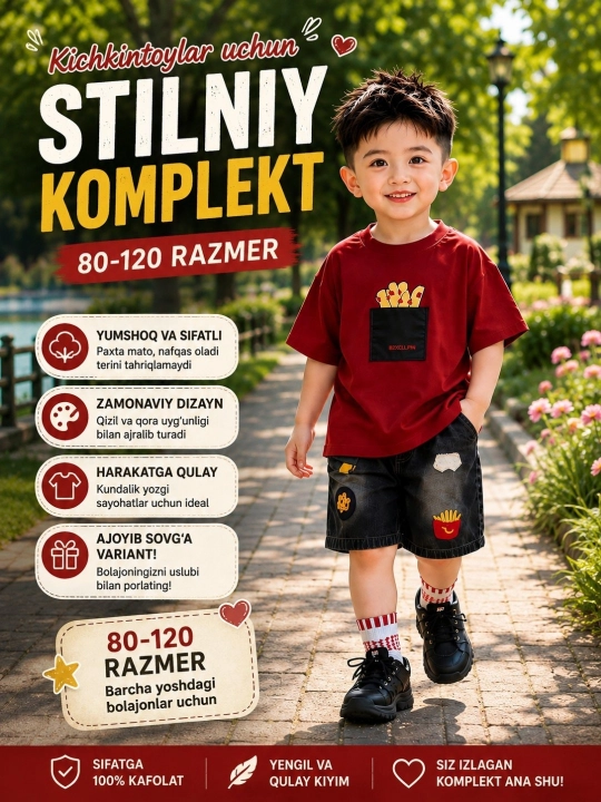 Dvoyka, bolalar kiyimi, o‘g‘il bolalar kostyumii kiyim, futbolka, shortik, to‘plam