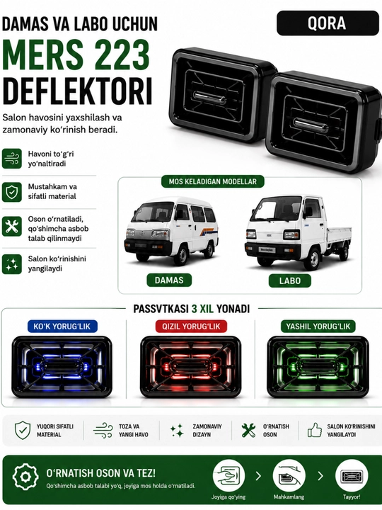 Damas Labo uchun MERS 223 deflektori, 3 xil rangli LED yoritgich, qora va xrom - 