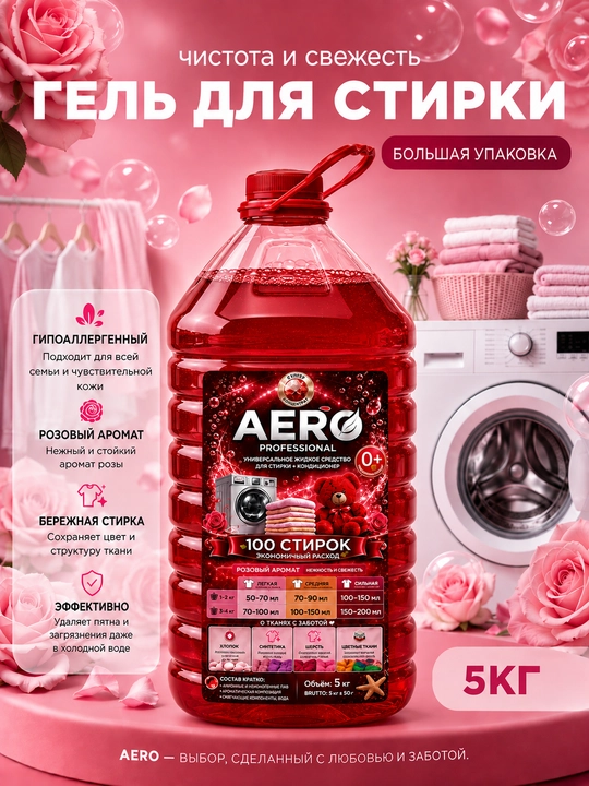 Жидкий гель для стирки AERO, 5 литров, гипоаллергенный, универсальный кондиционер порошок